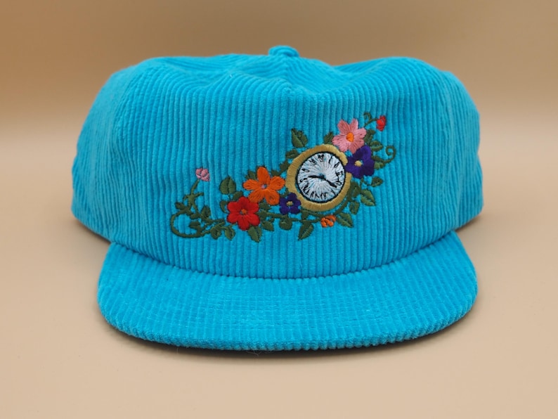 Time lost flowers. Sky blue corduroy hat with adjustable back image 1