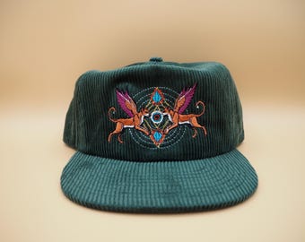 Cat's Eye Embroidered Dark Green Corduroy Hat