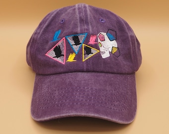 I speak to the crows. golden purple hat with embroidered Birds and triangles. With adjustable back
