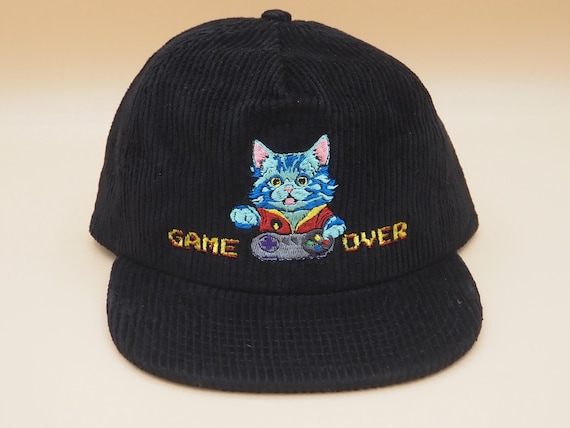 Embroidered Game Over Cat Corduroy Hat - Retro Gamer Kitten Design