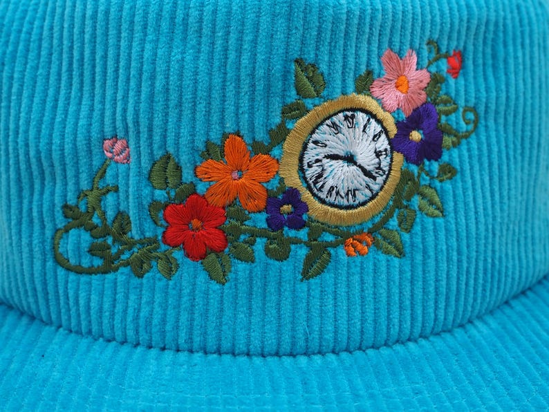 Time lost flowers. Sky blue corduroy hat with adjustable back image 2