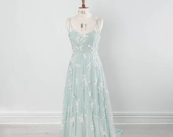 Snowdrop dress - Floral embellished lace and pale green silk wedding dress