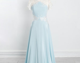 Vivien forties inspired blue and ivory lace wedding dress