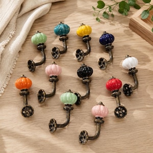 Handmade Ceramic Knob Coat Hooks/Ceramic Pumpkin Wall Hooks/Vintage Bronze Iron Wall Decor/Hat Bag Towel Hanger