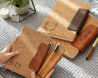 Gepersonaliseerd leren A5-dagboek, gegraveerd milieuvriendelijk leren dagboek, gepersonaliseerd A5-notitieboekje van kurk, kerstcadeau, verjaardagscadeau