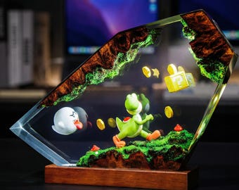 Bo.o & Yo.shi Resin Lamp | Ma.rio Party Epoxy Night Light Desk Lamp | Retro Game Style Room Decor | Custom Housewarming Gift