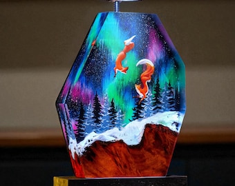Fox Aurora Borealis Resin Lamp: Northern Lights Alaska Decor