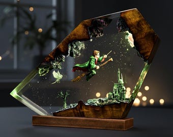 Lámpara de resina con forma de niño mago volador / Luz nocturna de resina epoxi hecha a mano / Decoración mágica para escritorio / Regalo para hijo, amantes de los libros y amigos.