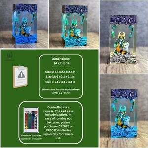 May include: A rectangular resin art piece with a miniature figure inside, illuminated by LED lights. The piece features a blue and white color scheme, with dimensions ranging from 5.1 x 2.4 x 2.4 inches to 7.1 x 3.4 x 3.4 inches. It includes a remote controller.