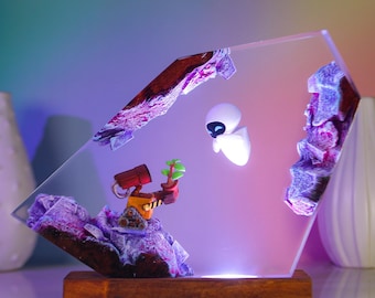 Lampa z żywicy Wall-E i Eve | Ręcznie robiona lampa nocna z żywicy epoksydowej | Urocza dekoracja do gier i pokoju | Spersonalizowana parapetówka lub prezent dla niego