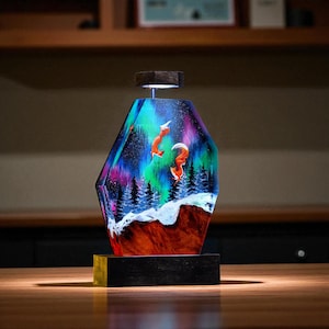 Fox in Aurora Borealis Night Lamp Northern Lights Lamp Alaska Decor Northern Lights Gift Resin Lamp Wood Creative Personalized Gifts