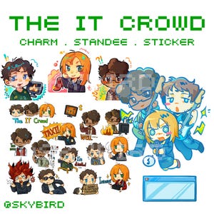 Puede incluir: Una colección de ilustraciones de dibujos animados coloridos con personajes de "The IT Crowd". La imagen incluye el texto "THE IT CROWD" y las palabras "CHARM", "STANDEE" y "STICKER". Las ilustraciones representan varias escenas.