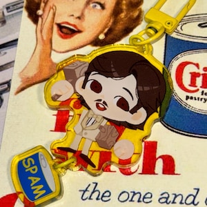 Może przedstawiać: Żółty akrylowy brelok z postacią z kreskówki z brązowymi włosami, wąsami i garniturem, trzymającą teczkę. Brelok zawiera również zawieszkę w kształcie puszki Spam. Tło zawiera reklamę w stylu vintage.