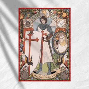 May include: Illustration of a knight holding a shield with a red cross and a sword. The artwork features a decorative border with floral and bird motifs, and the text "Monty Python and the Holy Grail". The color palette includes red, white, and beige.