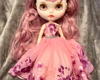 Blythe Factory Doll With White Skin Long Wavy Pink Hair Wearing a Pink Ball Gown Dress