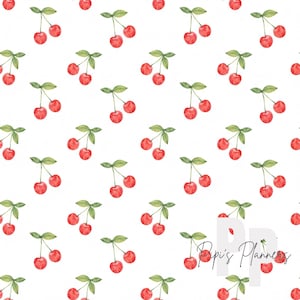 May include: A repeating pattern of watercolor cherries on a white background. Each cherry cluster has two bright red cherries with green leaves and stems. The design is a seamless pattern, suitable for various applications.