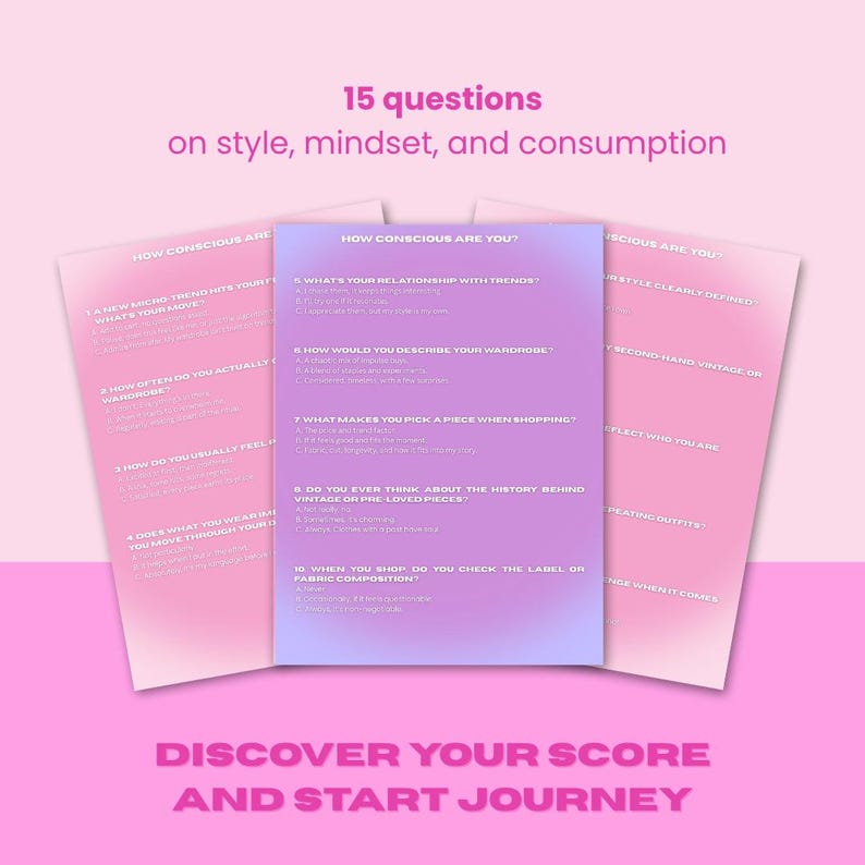 May include: Three sheets of paper with text on a pink background. The text reads "15 questions on style, mindset, and consumption" and "Discover your score and start journey". The sheets have questions about style and consumption.