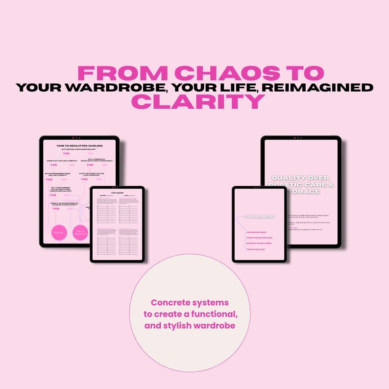 May include: Pink background with the text "FROM CHAOS TO YOUR WARDROBE, YOUR LIFE, REIMAGINED CLARITY." Several tablets display text and graphics. The image also includes the text "Concrete systems to create a functional, and stylish wardrobe."