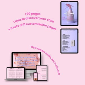 May include: A digital style guide displayed on various devices, including a computer, tablets, and a phone. The guide features pink and white color scheme with text that reads "TIME TO DECLUTTER DARLING" and "NEW SEASON, NEW CRAVINGS, TIME FOR A FRESH SLICE".