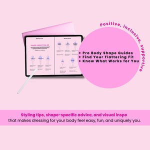 May include: A digital tablet displays body shape guides and styling tips. The screen shows the text "THESE AREN'T RULES" and "SHAPE TALK". A pink circle includes the text "Positive, inclusive, supportive" and bullet points. A white stylus is on the table.