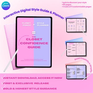 May include: Digital style guide and planner with the text "Interactive Digital Style Guide & Planner". The guide is titled "The Closet Confidence Guide". The image includes a tablet, stylus, and additional pages with style tips.