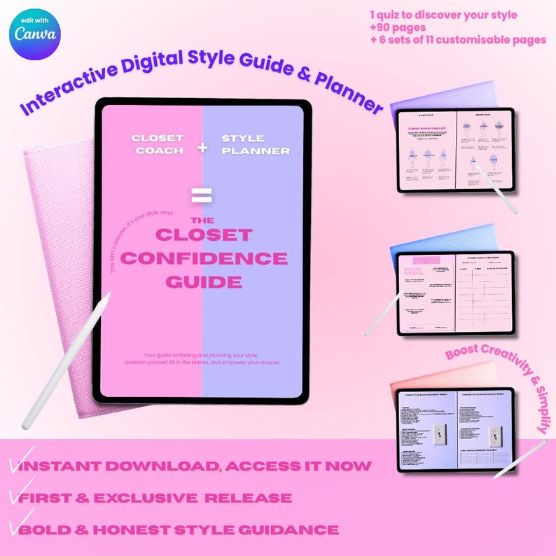 May include: Digital style guide and planner with the text "Interactive Digital Style Guide & Planner". The guide is titled "The Closet Confidence Guide". The image includes a tablet, stylus, and additional pages with style tips.