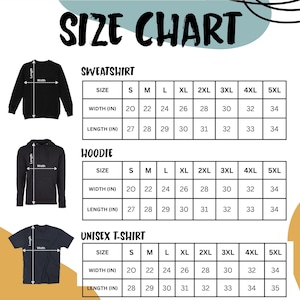 May include: A size chart for sweatshirts, hoodies, and unisex t-shirts. The chart displays measurements in inches for width and length, ranging from size small to 5XL. The text "SIZE CHART" is at the top.