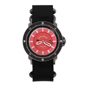 May include: A black and red Venturian watch with a black nylon strap. The watch face is red with white accents and the brand name. The watch has a date display and compass markings around the bezel.