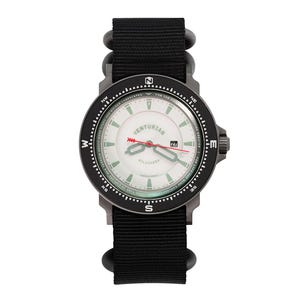 May include: A black and silver wristwatch with a white face, branded "Venturian". The watch has a black nylon strap and a red second hand. The watch face includes compass markings and a date display.