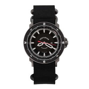 May include: Black Venturian Wildsider watch with a black nylon strap. The watch face is black with white markings, a red second hand, and the date. The watch has a compass-style bezel. The watch is designed for outdoor use.