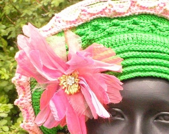 Bright Green & Soft Pink Crochet Hat with a Beautiful Pink Flower Pin...