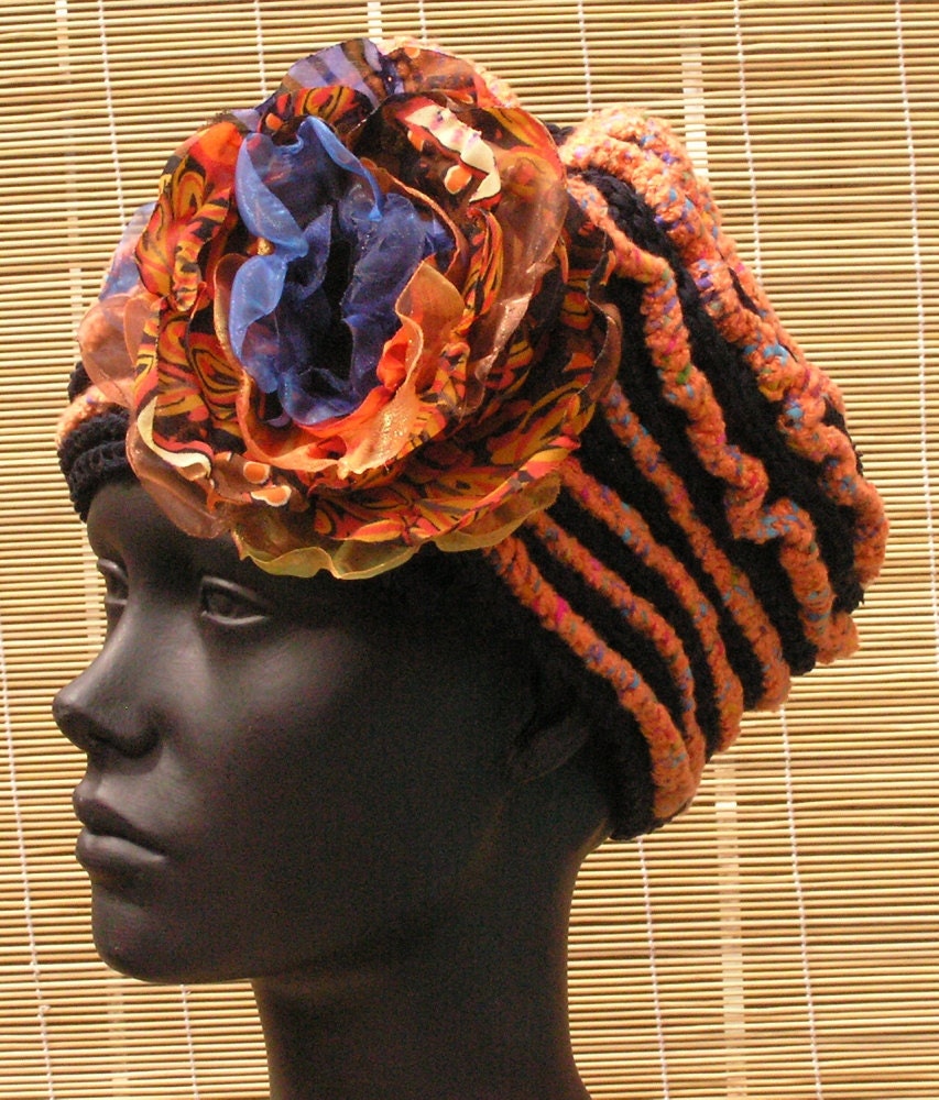 (ONE OF A KIND) BLACK & ORANGE SHAGGY CROCHET HAT
