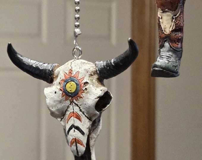 Western Native Skull & Boot Ceiling Fan Pulls | Country Farmhouse Decor Unique Rustic Cowboy Gift Southwest Decoration