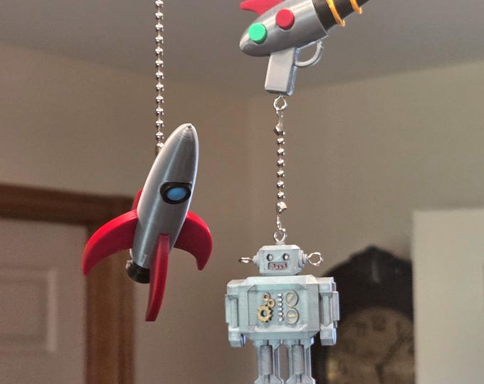 Retro Sci-Fi Rocket Robot & Rayguns Ceiling Fan Light Pulls - Kids Room Decor Gift or Fun Man Cave Accent d4