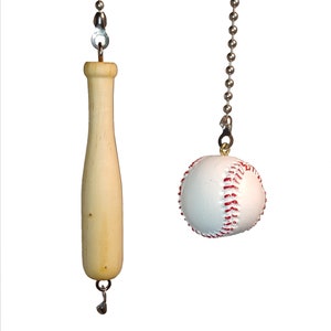 May include: Two baseball-themed light pull chains. One pull is a miniature baseball bat made of light-colored wood. The other is a white baseball with red stitching. Both are attached to silver ball chains.