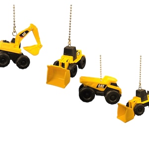 May include: Four yellow CAT construction vehicle ceiling fan pulls. The pulls include an excavator, a front-end loader, a dump truck, and a bulldozer. Each vehicle is suspended by a silver chain.