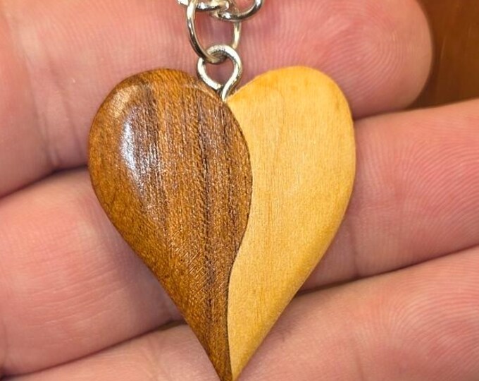 Handmade Mesquite & Poplar Wood Heart Necklace - 22 Inch Nickel Chain Gift for Her, Wedding Birthday or Christmas Anniversary Valentines