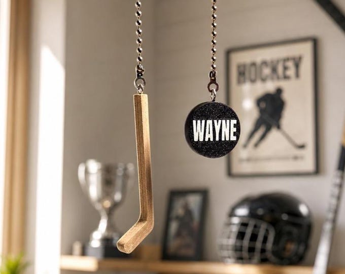 Personalized Hockey Stick & Puck Ceiling Fan Pulls, Custom Sports Decor Gift for Kids or Coach,  Mancave d4