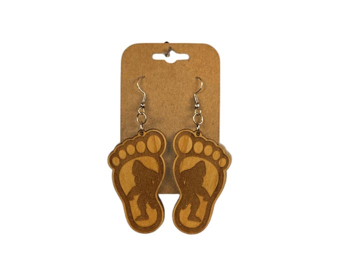 Wooden Dangle Earrings with Bigfoot - Unique Whimsical Gift for Her