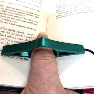 May include: A dark green plastic thumb-held book page holder with a triangular top and a circular opening for the thumb. A thin black cord is attached to one end of the device, which is positioned over the open pages of a printed book.