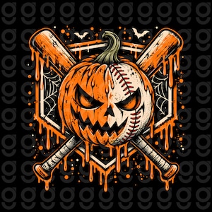 Könnte beinhalten: Eine grafische Illustration mit einem zentralen Kürbis mit geschnitztem Gesicht, dessen eine Hälfte wie ein Baseball mit roten Nähten aussieht. Dahinter befinden sich zwei gekreuzte Baseballschläger, alles bedeckt mit tropfendem orangefarbenem Schleim.