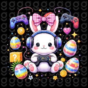 Könnte beinhalten: Digitale Illustration eines weißen Hasen mit Kopfhörern und einem Gamecontroller. Das Bild zeigt Ostereier, Gamecontroller, Fragezeichenboxen und Münzen, alles vor einem schwarzen Hintergrund.
