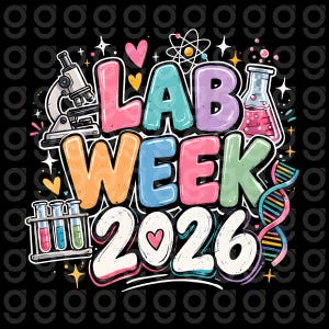May include: A vibrant graphic featuring the words "LAB WEEK 2026" in bold, multi-coloured letters, alongside illustrations of laboratory equipment such as a microscope and test tubes. The design is set against a black background.