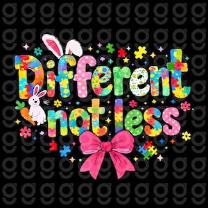 Könnte beinhalten: Ein farbenfrohes Grafikdesign mit dem Text "Different not less" in verschiedenen Schriftarten und Mustern. Ein weißes Kaninchen mit Karotte und Hasenohren ist enthalten. Eine rosa Schleife und Puzzleteile vervollständigen das Design.