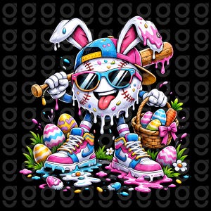 May include: A baseball-shaped character with bunny ears, sunglasses, and a baseball bat, wearing sneakers, and holding a basket of Easter eggs. The character is surrounded by Easter eggs and grass, with a black background.