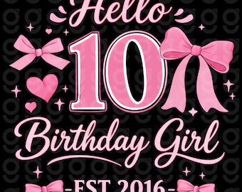 Hola, niña de 10 años PNG, diseño de lazo rosa con dos dígitos (descarga digital)