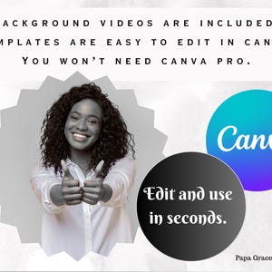 Puede incluir: Imagen que promociona plantillas de Canva. Una persona sonriente hace un gesto de pulgar hacia arriba. El texto incluye "&iexcl;Se incluyen videos de fondo! Las plantillas son f&aacute;ciles de editar en Canva. No necesitar&aacute;s Canva Pro". Un logotipo de Canva y el texto "Edita y usa en segundos."