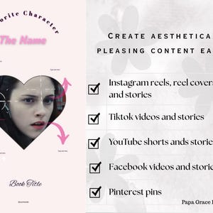 Puede incluir: Gr&aacute;fico rosa con una imagen en forma de coraz&oacute;n de una persona y texto. El texto incluye "Personaje favorito", "El nombre" y "T&iacute;tulo del libro". El lado derecho enumera las plataformas de redes sociales: Instagram, TikTok, YouTube, Facebook y Pinterest.