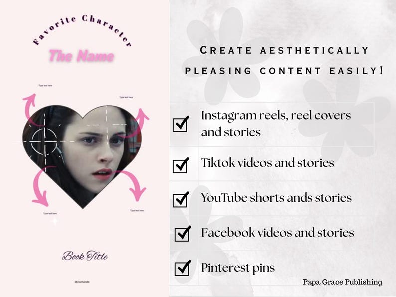 Puede incluir: Gr&aacute;fico rosa con una imagen en forma de coraz&oacute;n de una persona y texto. El texto incluye "Personaje favorito", "El nombre" y "T&iacute;tulo del libro". El lado derecho enumera las plataformas de redes sociales: Instagram, TikTok, YouTube, Facebook y Pinterest.