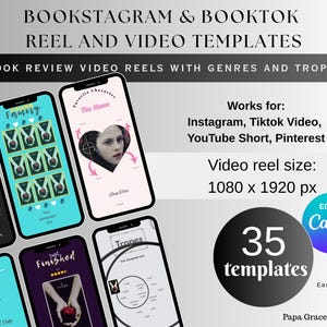 Puede incluir: Imagen promocional que muestra plantillas de tel&eacute;fono para reels de video de rese&ntilde;as de libros. Las plantillas est&aacute;n dise&ntilde;adas para Instagram, TikTok, YouTube Shorts y Pinterest. La imagen incluye el texto "BOOKSTAGRAM & BOOKTOK REEL AND VIDEO TEMPLATES". El tama&ntilde;o del video es 1080 x 1920 px. Hay 35 plantillas.